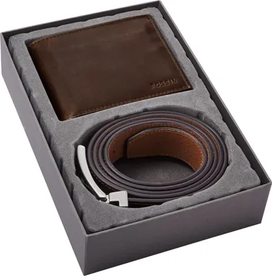 Produktbild von FOSSIL Leder Geldbörse Gürtel RFID Billfold Belt Gift Set Dark Brown braun