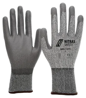 Produktbild von 10x NITRAS CUT5, Schnittschutzhandschuhe, Spezialgarn, grau, PolyurethanBeschichtung, grau (Farbcode: 1200), teilbeschichtet auf Innenhand und Fingerkuppen, Strickbund, hoher Schnittschutz, höchster Tragekomfor| Packung (10 Paare)