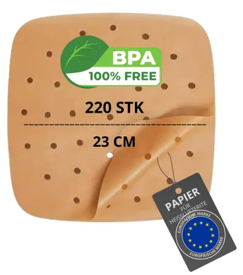 Image de 200/220 feuilles de papier de cuisson pour friteuses à air chaud, sans BPA, 20-24 cm | papier de cuisson carré (20-24 cm) et papier de cuisson plat (20 cm)