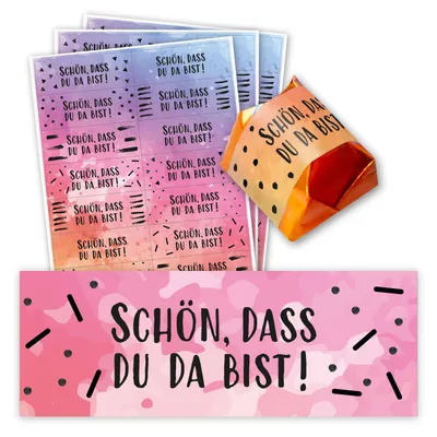 Produktbild von younikat 60 Stück Aufkleber Schön, dass du da bist I buntes Gastgeschenk I Aufkleber passend für Küsschen Pralinen I selbstklebend I Hochzeit Taufe Geburtstag I dv1358