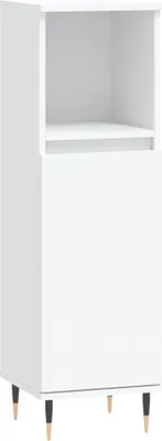 A white tall cabinet with a shelf and legs.