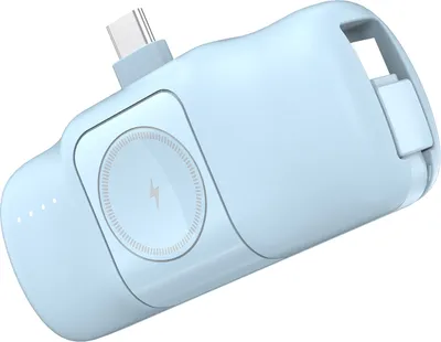 Produktbild von Mini-Powerbank mit integriertem USB-C-Kabel und Apple Watch Ladegerät 5000 mAh 15 W Blau