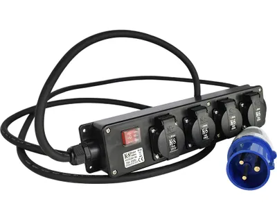 A black power strip with multiple outlets and a red switch, along with a blue plug.