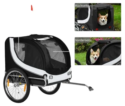 Obrázek produktu pro Přívěs za kolo pro psy, 130 (d) x 73 (š) x 90 (v) cm, maximální nosnost 20 kg, maximální výška psa 53 cm, dva vchody, robustní ocelový rám