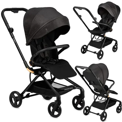 Produktbild von MoMi ADELLE – Leichter Kompaktbuggy mit 360° drehbarem & umkehrbarem Sitz, verstellbar, XL-Dach – Schwarz/Gold