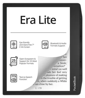 Zdjęcie produktu dla PocketBook Era Lite, 17,8 cm (7"), 1264 x 1680 px, ACSM, AZW, AZW3, CBR, CBZ, CHM, DjVu, DOC, DOCX, EPUB, FB2, FB2.ZIP, HTM, HTML, MOBI, PDF, PRC,..., MP3, OGG, FLAC, M4A, M4B, JPEG, BMP, PNG, TIFF, 16 GB