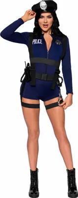A woman wearing a police costume.