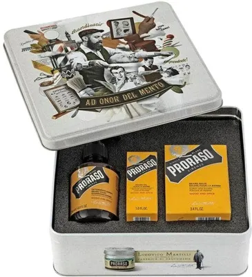 Obrázok produktu pre Proraso darčeková sada Wood And Spice Metal Box Beard Care 200 ml + 100 ml + 30 ml