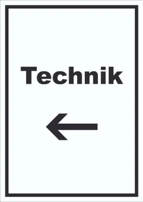 Produktbild von Technik Schild mit Text und Richtungspfeil links Hauswirtschaftsraum hochkant A0 Rückseite selbstklebend