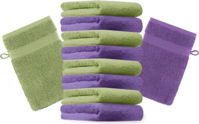 Produktbild von Betz 10 Stück Waschhandschuhe 16x21 cm PREMIUM 100% Baumwolle  Farbe: apfelgrün und lila