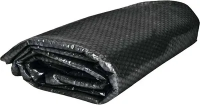 A folded black solar cover for a pool.