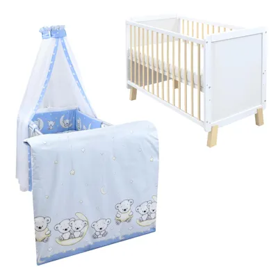 Produktbild von Babybett Kinderbett Gitterbett Lou 60x120 Weiß Natur Schutzgitter Matratze Bettwäsche Set 10tlg Teddy Blau