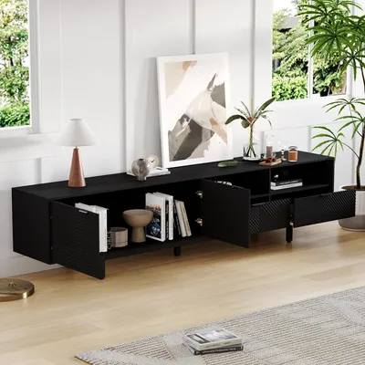 Image de MODFU Meuble TV Design Contemporain - Banc TV avec 2 Portes, 2 Tiroirs et Rangements Ouverts, 200x40x51 cm, Noir