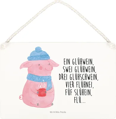 Produktbild von Mr. & Mrs. Panda Schild Schweinchen Glühwein DIN A5 - Weiß - Geschenk, Türschild, Wandbild Holz, holzbild, Weihnachten, Deko, Spruch, Weihnachtsmarkt, Betrunken