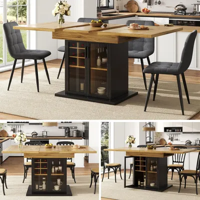 Immagine prodotto di Tavolo da pranzo allungabile 110-140x80cm Tavolo da cucina con portabottiglie e anta in vetro, look nero/legno, tavolo telescopico per 4-6 persone con chiusura ammortizzata