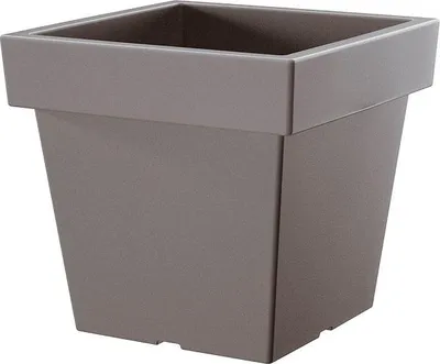 A square, gray plastic planter pot is shown against a white background.
