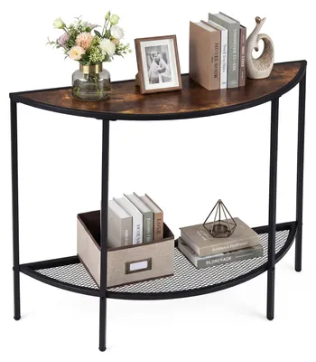 Produktbild von COSTWAY Konsolentisch, Beistelltisch halbrund mit 2 Ebenen, Flurtisch mit offenen Ablagen & Metallrahmen, platzsparender Sofatisch 93x30x80cm, Braun