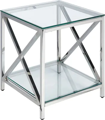 Produktbild von BELIANI Beistelltisch Silber und Transparent Sicherheitsglas 45 x 45 cm mit Edelstahlgestell Quadratisch Modern Wohnzimmer Flur Diele Esszimmer Deko