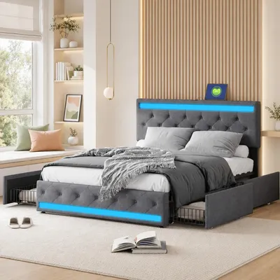 Obrázok produktu pre INONEFT Čalúnená posteľ s úložným priestorom, 140x190 cm, dvojlôžko s 4 zásuvkami, posteľ pre mládež s LED osvetlením a USB a Type-C portami, funkčná posteľ s roštom, farba: ľanová sivá