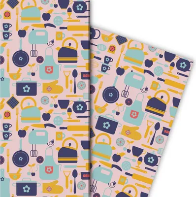 Produktbild von Retro Küchen Geschenkpapier mit Koch Geräten auf rosa - G7584, 32 x 48cm