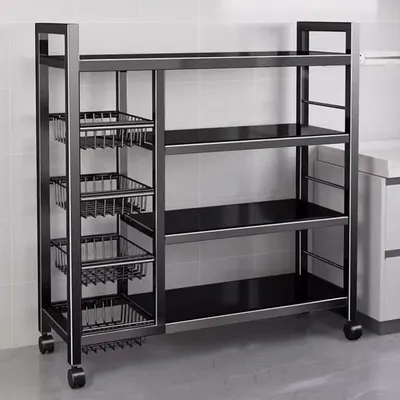 Image de Étagère métallique à 4 niveaux et à roulettes, idéale pour la cuisine et le garage
