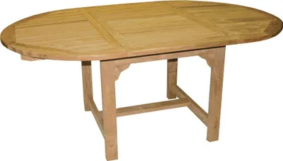 A wooden oval dining table with a light brown finish is shown against a white background.