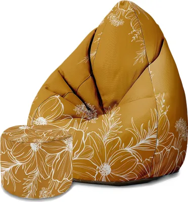 A bean bag chair and ottoman with a floral pattern on a white background.