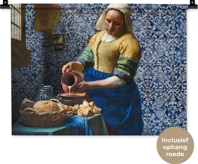 Produktbild von MuchoWow® Wandteppich Wandbehang Milchmädchen - Delfter Blau - Vermeer - Gemälde - Alte Meister 60x45 cm Tapisserie Dekoration Wandtuch - Das Schlafzimmer