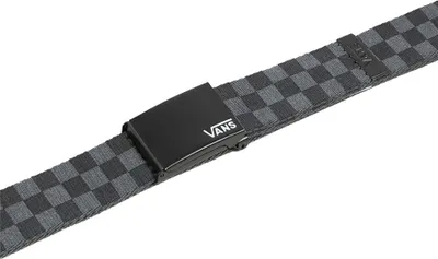 A close-up shot of a Vans belt with a checkered pattern and a black buckle.