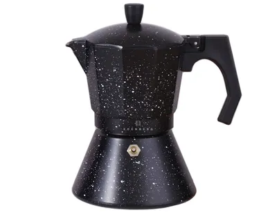 A speckled black moka pot on a white background.