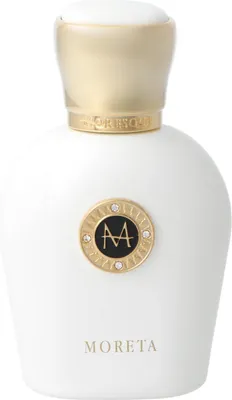 A white perfume bottle with a gold cap and a circular emblem on the front.