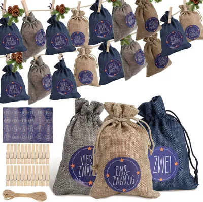 Immagine prodotto di Jopassy 24 calendari dell'avvento da riempire, calendario dell'avvento in tessuto con 1-24 sacchi di iuta, blu / bianco / grigio