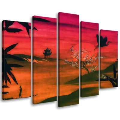Produktbild von 5-teiliges leinwandbild japan landschaft 150x100 cm Feeby rot wandbild bereit zum aufhängen