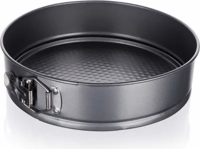 A round springform cake pan with a removable bottom and a latch mechanism on the side, shown from a slightly elevated side angle.