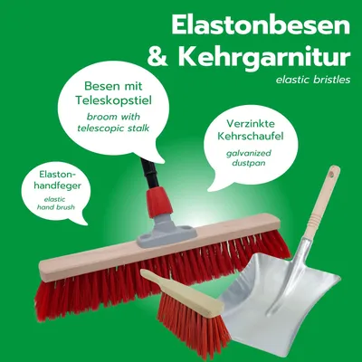 Productafbeelding van Novaliv straatveger met steel, 60 cm, met Elaston borstels, inclusief veegset in zwart, bestaande uit een veegplaat en een handveger. Ideaal als tuinveger, terrasveger, erfveger, stalveger of veegveger voor buiten