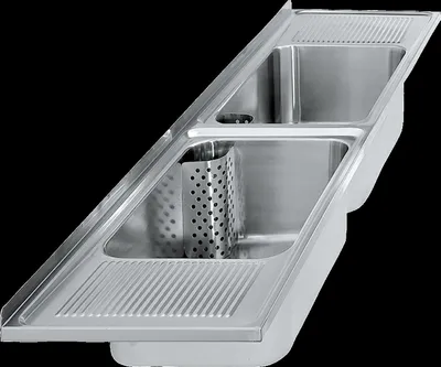 Image de Bac multi-usages KWC SIRIUS, acier inoxydable, 2200x357x550 mm, 2 bacs, égouttoir. droite/gauche