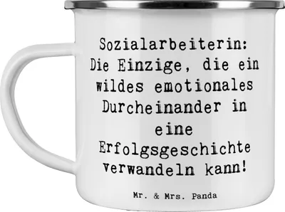 Produktbild von Mr. & Mrs. Panda Blechtasse Spruch Sozialarbeiterin Erfolg - Weiß - Geschenk, Pott, personalisierte Geschenke, Empathie, Teetasse, Emaille Tasse, Lösungen, Berufsleben