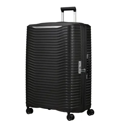 A black Samsonite suitcase is shown against a white background.