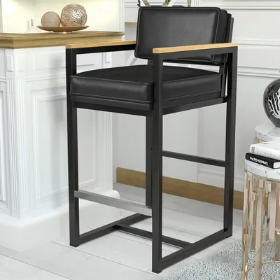 Produktbild von 2er-Set KYLA | Gastro Barhocker | Leder | Metall | schwarz | mit Lehne | Samt Barhocker, Hotel Barhocker