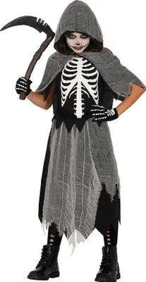 Produktbild von Skelettiger Sensenmann Geisterkostüm Halloween Unheimlicher Mantel Gruselparty Kapuze Outfit, Größe: 110/116 Farbe: Schwarz / Grau