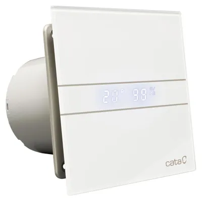 A white ventilation fan with a digital display showing temperature and humidity.