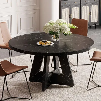 Immagine prodotto di Tavolo rotondo da pranzo in legno, diametro 120 cm, tavolo da cucina con piano in legno e gambe a croce, adatto per 4-6 persone, stile rustico, ideale per la sala da pranzo, finitura effetto marmo