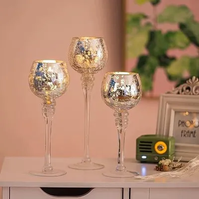 Zdjęcie produktu dla Świecznik szklany srebrny na podgrzewacze tealight dekoracyjny zestaw 3