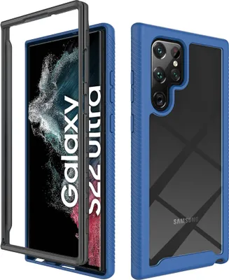 Produktbild von Galaxy S22 Ultra 5G Hülle, Hybrid Transparente Rückseite Robust TPU Bumper Rutschfest Stoßfest Ganzkörper Schutzhülle für Samsung Galaxy S22 Ultra 5G Dunkelblau