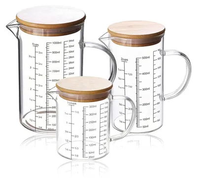 Produktbild von 3er Messbecher Glas Set 350ml 500ml 1000ml mit Deckel Griff Borosilikatglas Hitzebeständig Präzise Skala