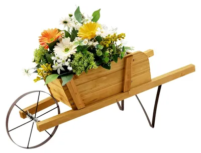 Produktbild von Blumenwagen, Pflanzwagen mit Metallrad & Griffen, Blumenkarre aus Holz, Pflanzschubkarre zum Bepflanzen, Schubkarre Gartendeko, Blumentopf für Garten Terrasse Balkon (Natur)