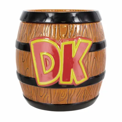 A barrel-shaped cookie jar with the letters 'DK' on the front.