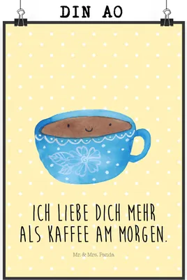 Produktbild von Mr. & Mrs. Panda Bild Kaffee Tasse DIN A0 - Gelb Pastell - Geschenk, Plakat, Wandbild, Genuss, Geschmack, Lustige Sprüche, kunstdruck poster, Liebe, drucke, wanddeko