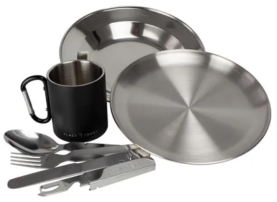 Produktbild von Black Snake® Camping Geschirr Set - flacher & tiefer Teller mit Besteck und Karabinerhaken Tasse - Edelstahl Outdoor Set für Camping & Picknick 1 Person-Set
