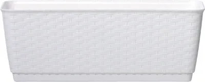A white rectangular planter with a woven texture and a matching saucer, presented on a white background.